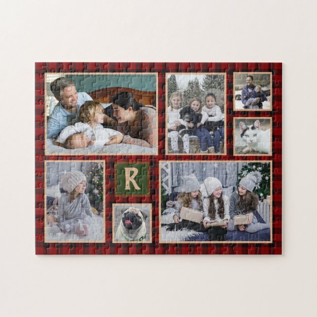 Family Photo Collage Monogrammed Red Buffalo Plaid Jigsaw Puzzle (Horizontal)