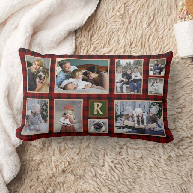 Family Photo Collage Monogrammed Red Buffalo Plaid Lumbar Pillow (Blanket)