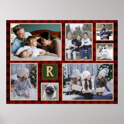 Family Photo Collage Monogrammed Red Buffalo Plaid Poster