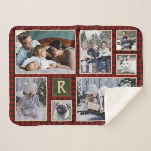 Family Photo Collage Monogrammed Red Buffalo Plaid Sherpa Blanket
