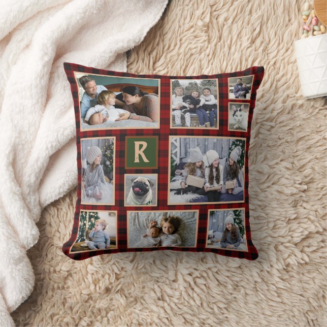 Family Photo Collage Monogrammed Red Buffalo Plaid Throw Pillow (Blanket)