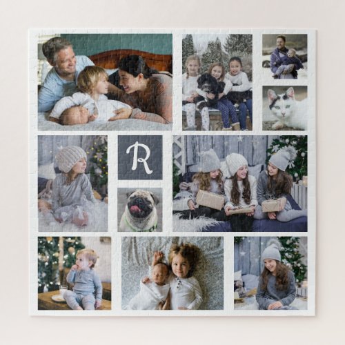 Family Photo Collage Monogrammed White 10 Pictures Jigsaw Puzzle