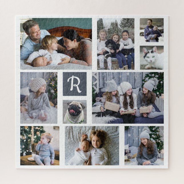 Family Photo Collage Monogrammed White 10 Pictures Jigsaw Puzzle (Vertical)