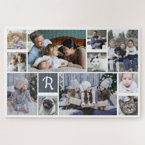 Family Photo Collage Monogrammed White 11 Pictures Jigsaw Puzzle