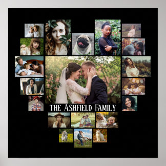 Family Photo Collage Name In Heart 20 Pics Black Poster
