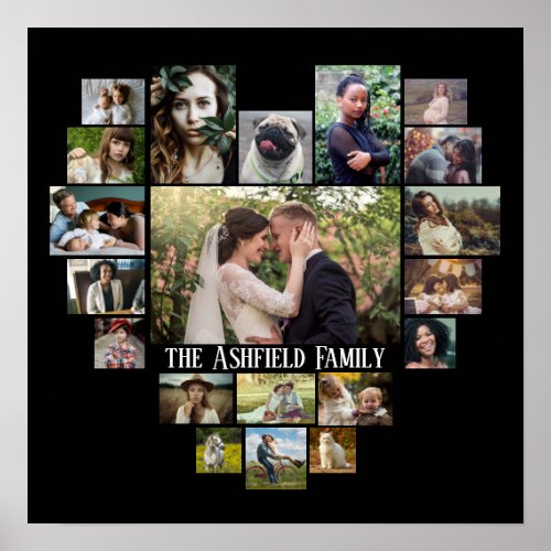 Family Photo Collage Name In Heart 20 Pics Black Poster