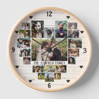 Family Photo Collage Name In Heart 20 Pics Lt Wood Clock by PictureCollage at Zazzle