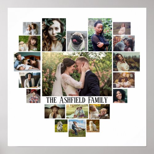 Family Photo Collage Name In Heart 20 Pics White Poster