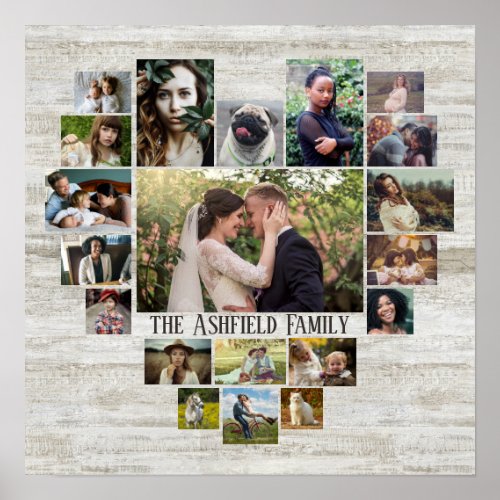 Family Photo Collage Name In Heart 20 Pics Wood Poster