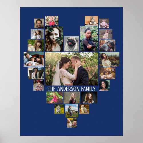 Family Photo Collage Name In Heart 25 Pics Blue Poster