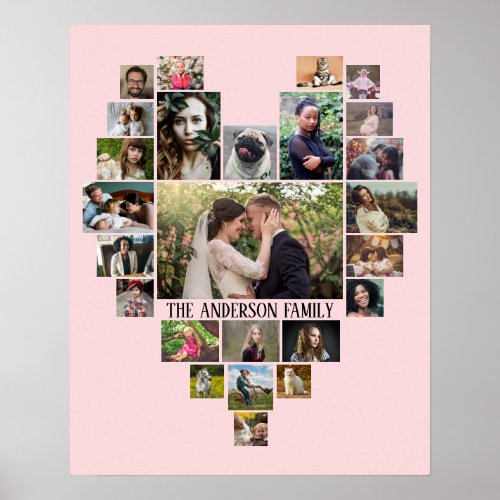 Family Photo Collage Name In Heart 25 Pics Pink Poster