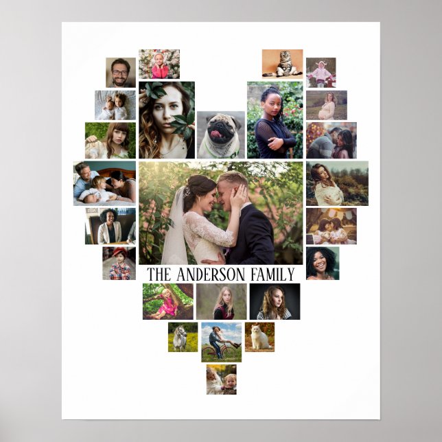 Family Photo Collage Name In Heart 25 Pics White Poster (Front)