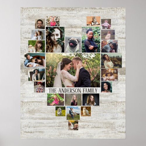 Family Photo Collage Name In Heart 25 Pics Wood Poster