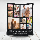 Family Photo Collage   Name White Fleece<br><div class="desc">Celebrate your family or wedding memories with this beautiful photo collage fleece blanket! This design includes two large square photos and 8 small square pictures. Add your Family name. The words "Love and Happiness" can also be changed!</div>