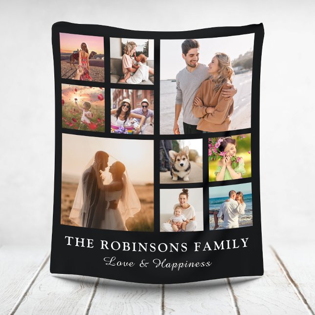 Family Photo Collage + Name White Fleece Blanket (Creator Uploaded)