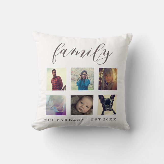 Family Photo Collage Name & Year Est Throw Pillow (Front)