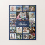 Family Photo Collage Navy Blue Modern Monogrammed Jigsaw Puzzle<br><div class="desc">Celebrate the simple joys of family with a unique and fun photo collage puzzle. If you prefer a background or text in colors other than blue, white and gray, see instructions below. (IMAGE PLACEMENT TIP: An easy way to center a photo exactly how you want is to crop it before...</div>