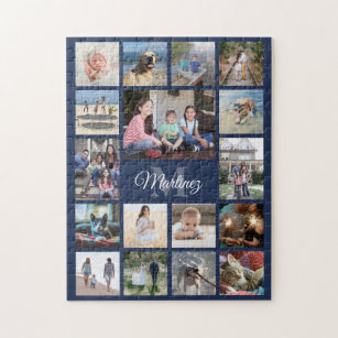 Family Photo Collage Navy Blue Modern Monogrammed Jigsaw Puzzle