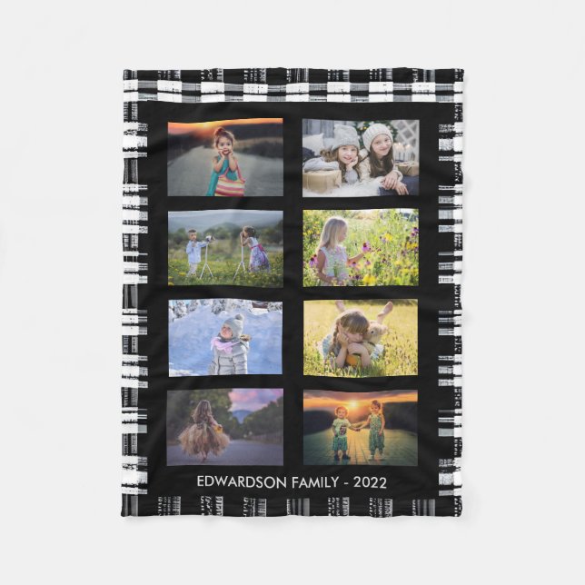 Family photo collage on buffalo plaid patterned fleece blanket (Front)
