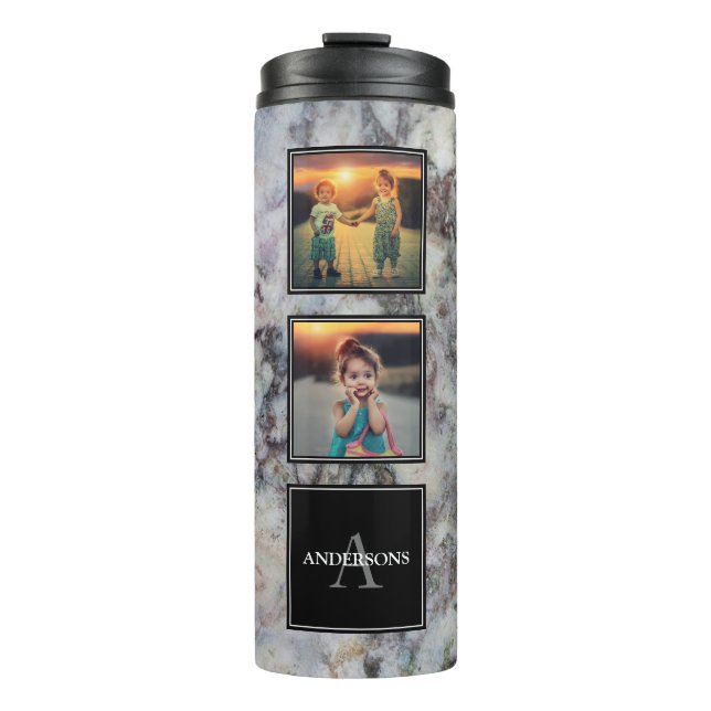 Family photo collage on gray gold marble monogram thermal tumbler (Front)