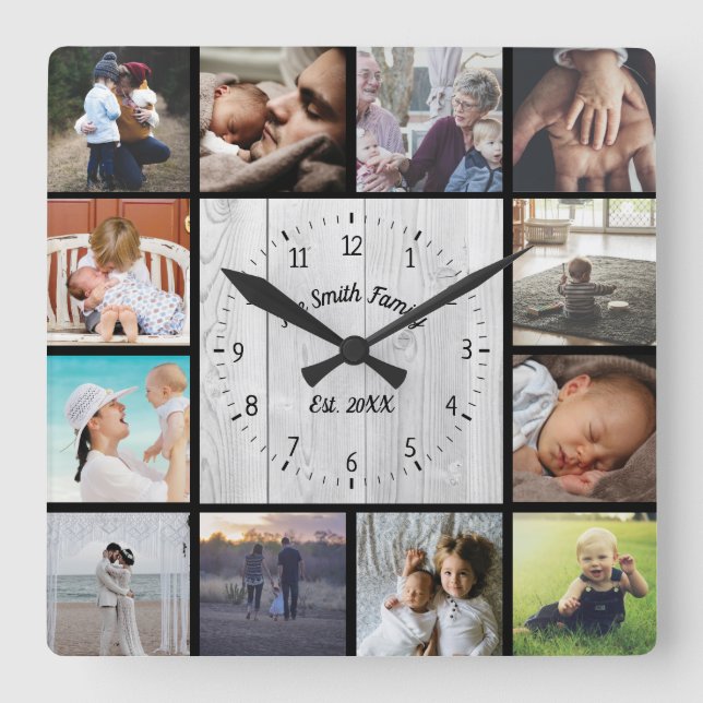 Family photo collage personalize light wood square wall clock (Front)