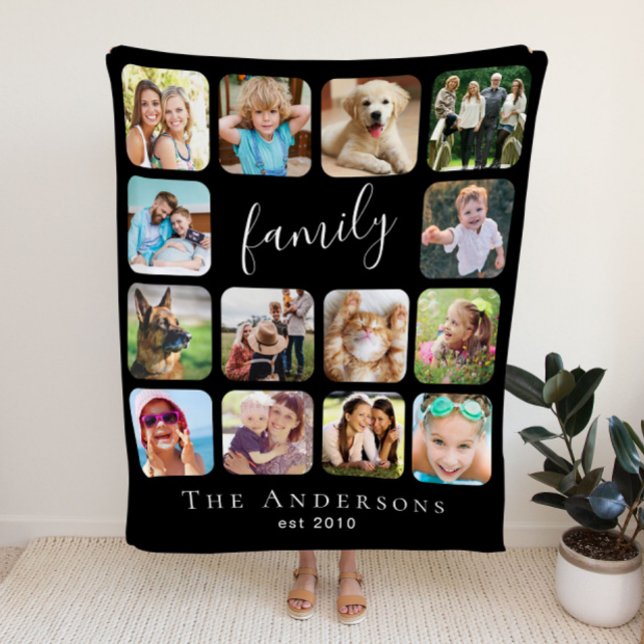 Family Photo Collage Personalized Black Fleece Blanket (Creator Uploaded)