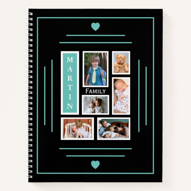 Family Photo Collage Personalized Black Teal Notebook (Front)