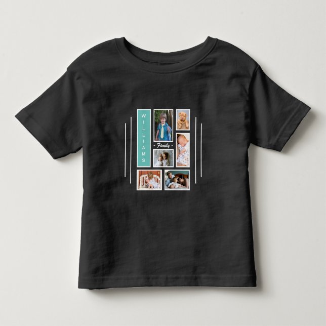 Family Photo Collage Personalized Black White Teal Toddler T-shirt (Front)