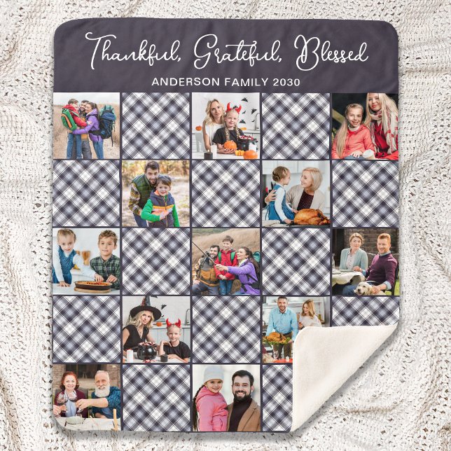 Family Photo Collage Personalized Blue Gray Plaid  Sherpa Blanket (Creator Uploaded)