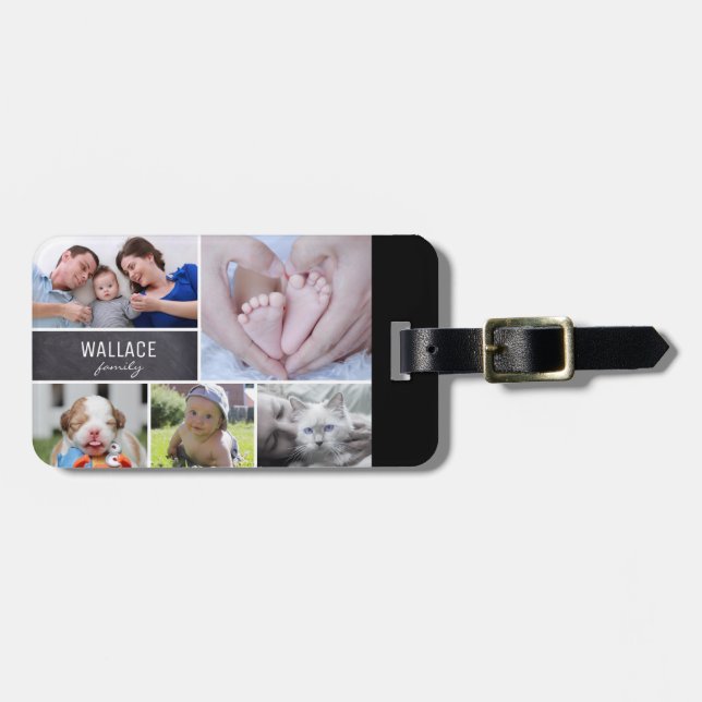 Family Photo Collage Personalized Chalkboard Luggage Tag (Front Horizontal)