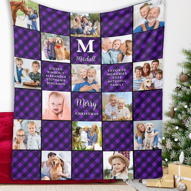 Family Photo Collage Personalized Patchwork Plaid Fleece Blanket (Creator Uploaded)