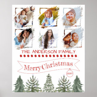 Family Photo Collage Pine Trees Vintage Christmas Poster