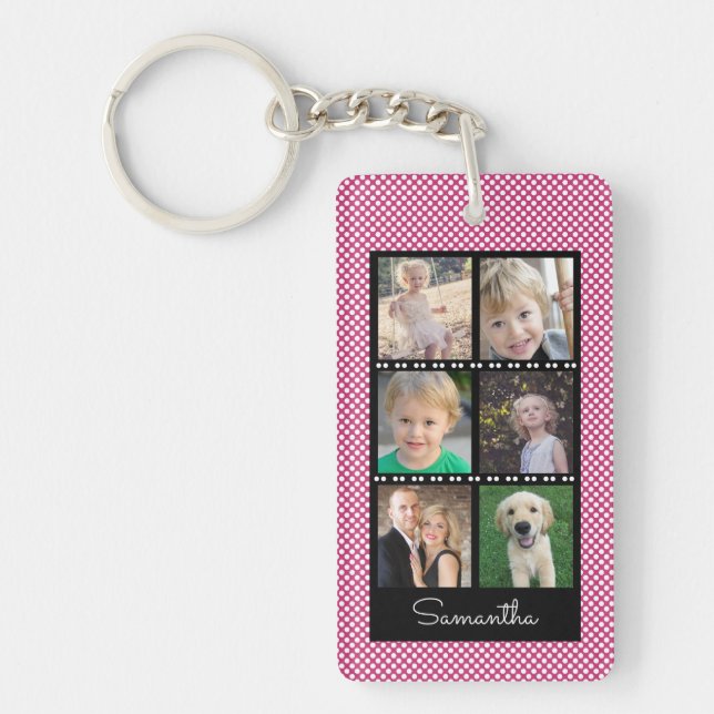 Family Photo Collage Pink, White Dots Personalized Keychain (Front)