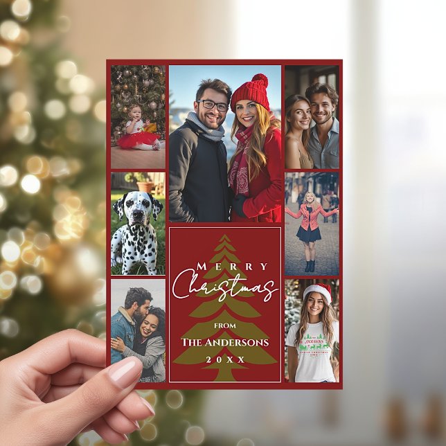 Family Photo Collage Red and Green Merry Christmas Holiday Card (Family Photo Collage Red and Green Merry Christmas Holiday Card)