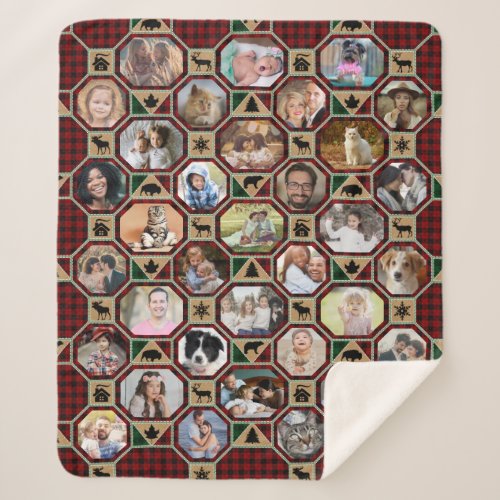 Family Photo Collage Red Black Buffalo Plaid Quilt Sherpa Blanket