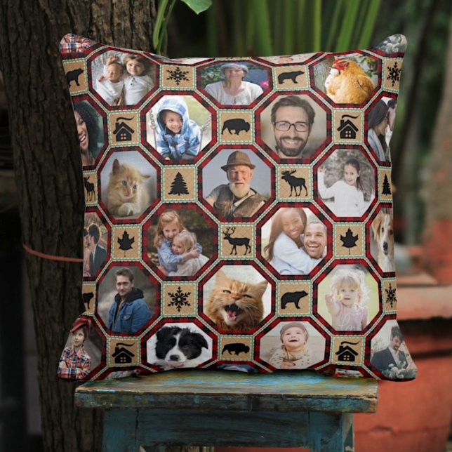 Family Photo Collage Red Black Buffalo Plaid Quilt Throw Pillow (Creator Uploaded)