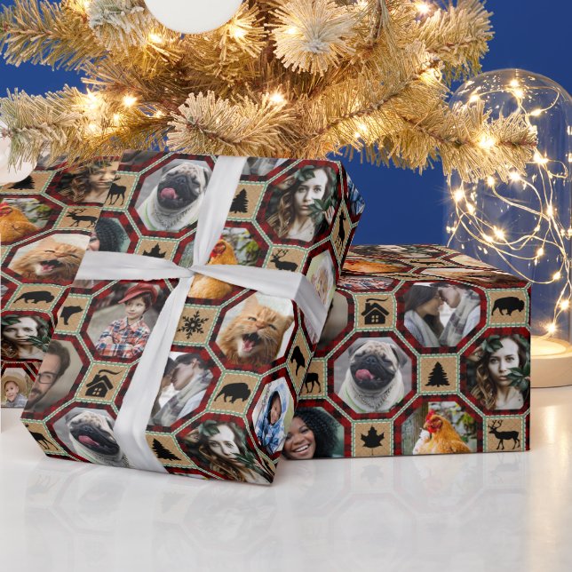 Family Photo Collage Red Black Buffalo Plaid Quilt Wrapping Paper (Holidays)