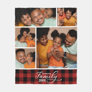 Family Photo Collage Red Buffalo Plaid Fleece Blanket
