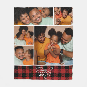 Family Photo Collage Red Buffalo Plaid Fleece Blanket