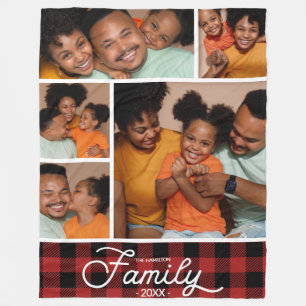 Family Photo Collage Red Buffalo Plaid Fleece Blanket