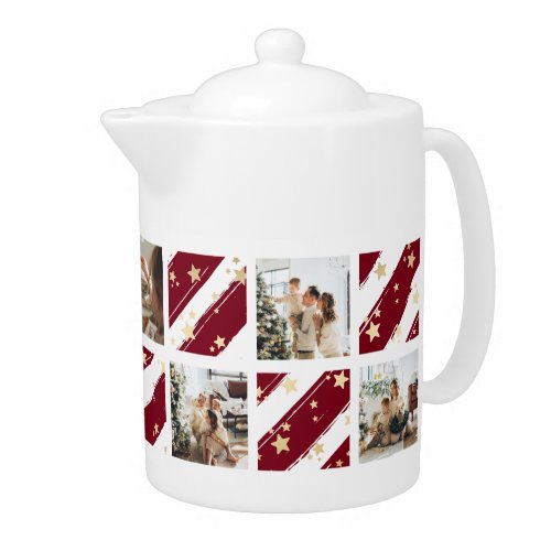 Family Photo Collage Red Christmas Holiday Teapot