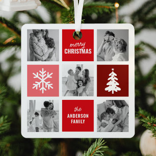 Family Photo Collage Red Christmas Metal Ornament