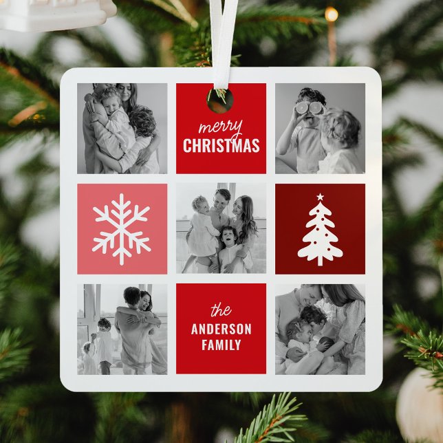 Family Photo Collage Red Christmas Metal Ornament (Creator Uploaded)