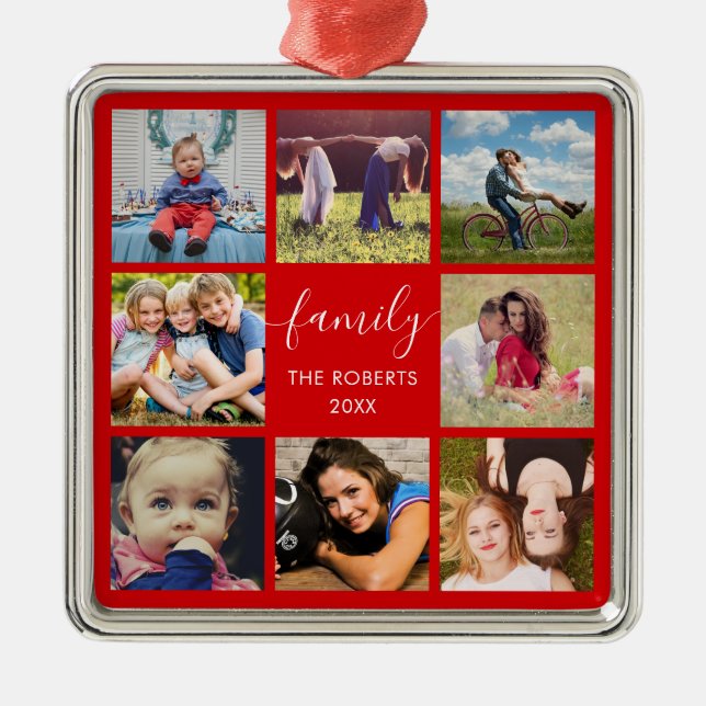 Family Photo Collage Red Custom Ceramic Ornament (Front)