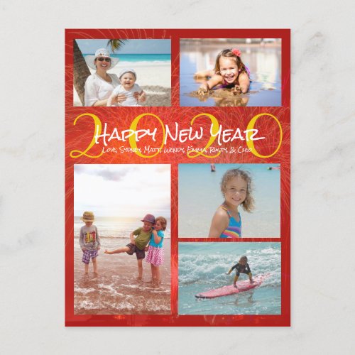 Family Photo Collage Red Gold New Years Greeting Holiday Postcard