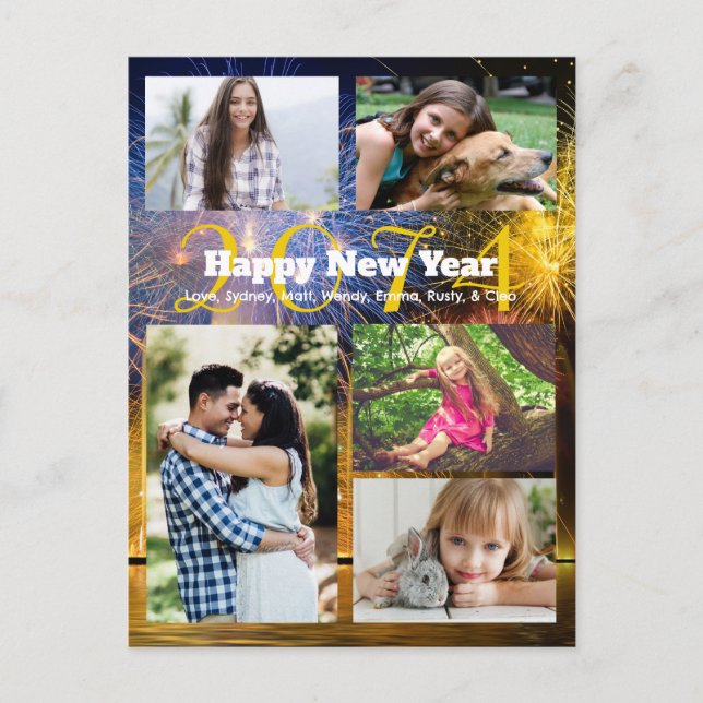Family Photo Collage Red Gold New Years Greeting Holiday Postcard (Front)