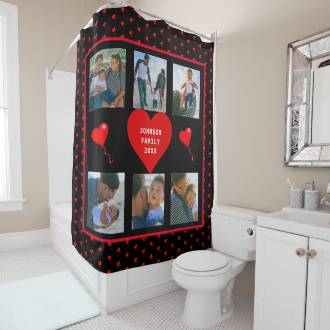 Family Photo Collage Red Hearts Black Background Shower Curtain (In Situ)