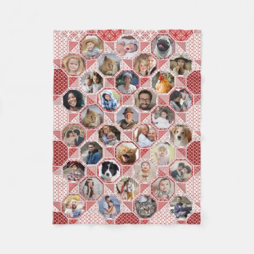 Family Photo Collage Red Quilt Look 35 Pics Lg Sm Fleece Blanket