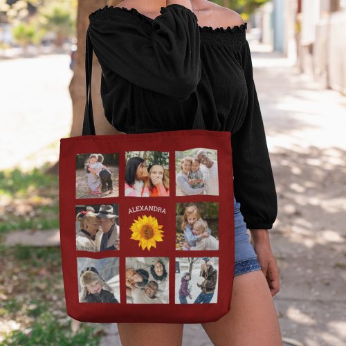 Family Photo Collage Red Rustic Sunflower Tote Bag