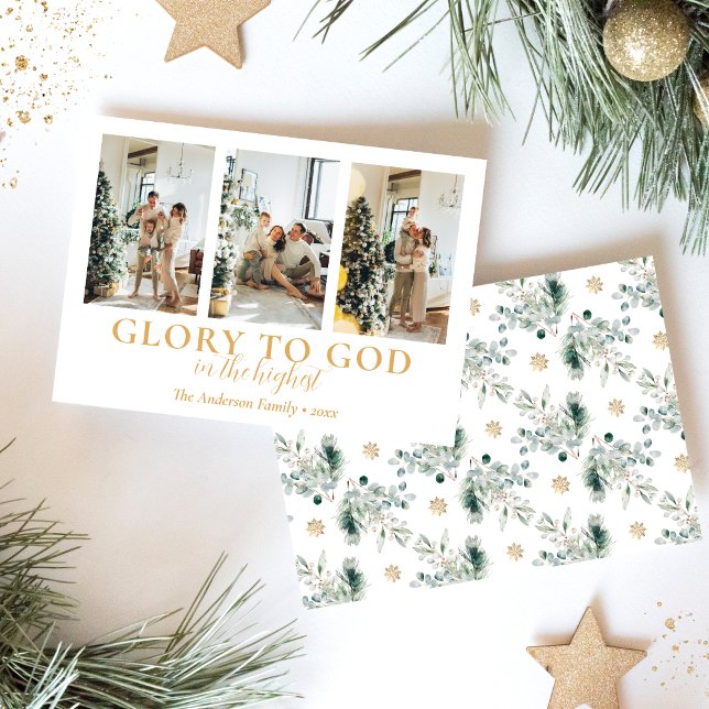 Family Photo Collage Religious Christmas Holiday Card (Modern family photo collage religious Christmas card with Bible verse in white and gold)
